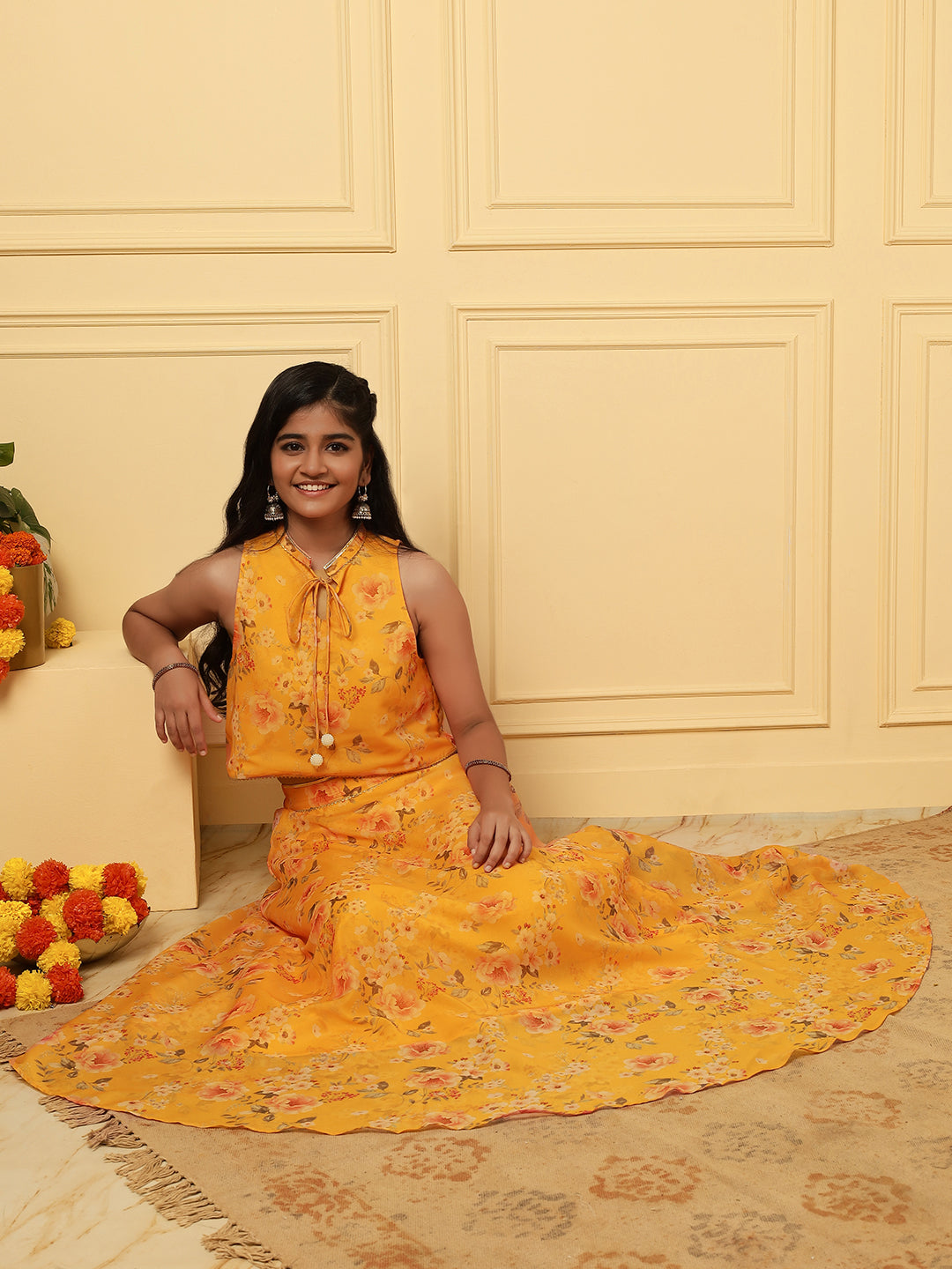 Girls Ethnic Floral Skirt and Top Set – Yellow