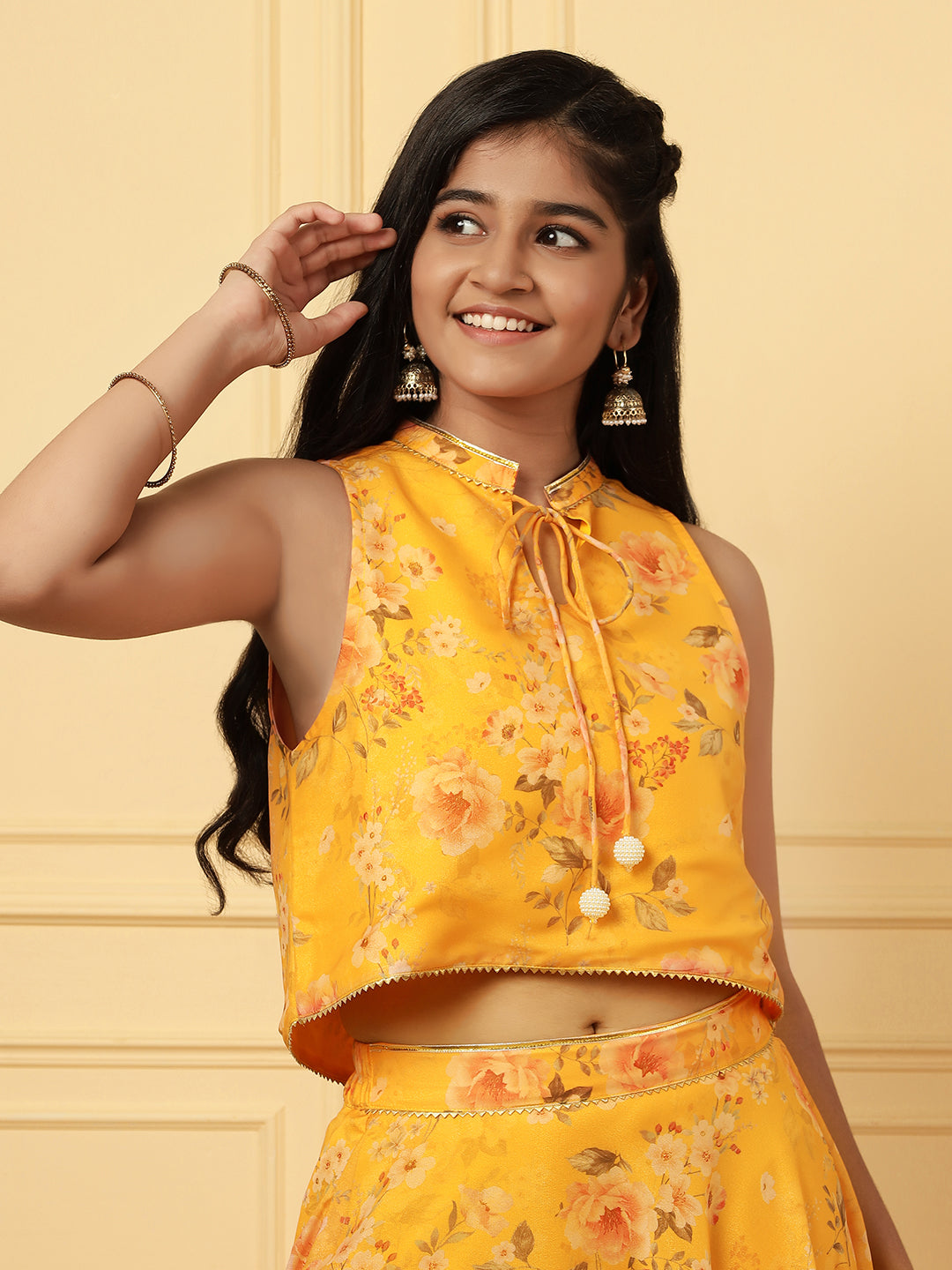 Girls Ethnic Floral Skirt and Top Set – Yellow