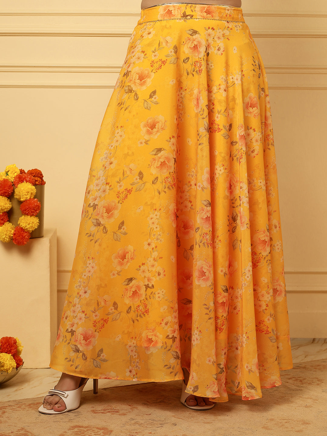 Girls Ethnic Floral Skirt and Top Set – Yellow