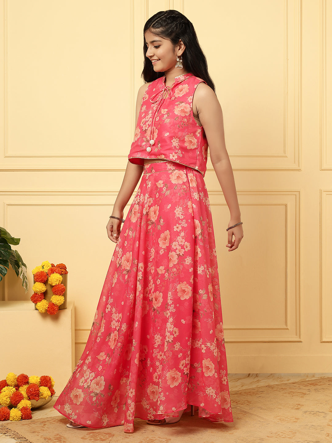 Girls Ethnic Floral Skirt and Top Set – Coral