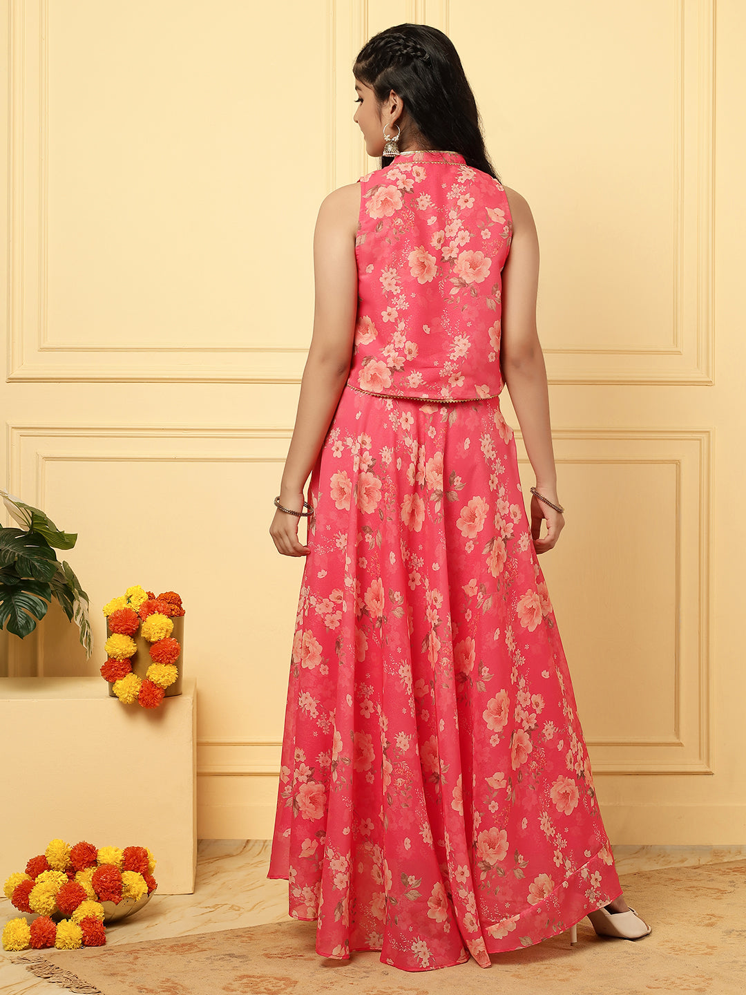 Girls Ethnic Floral Skirt and Top Set – Coral
