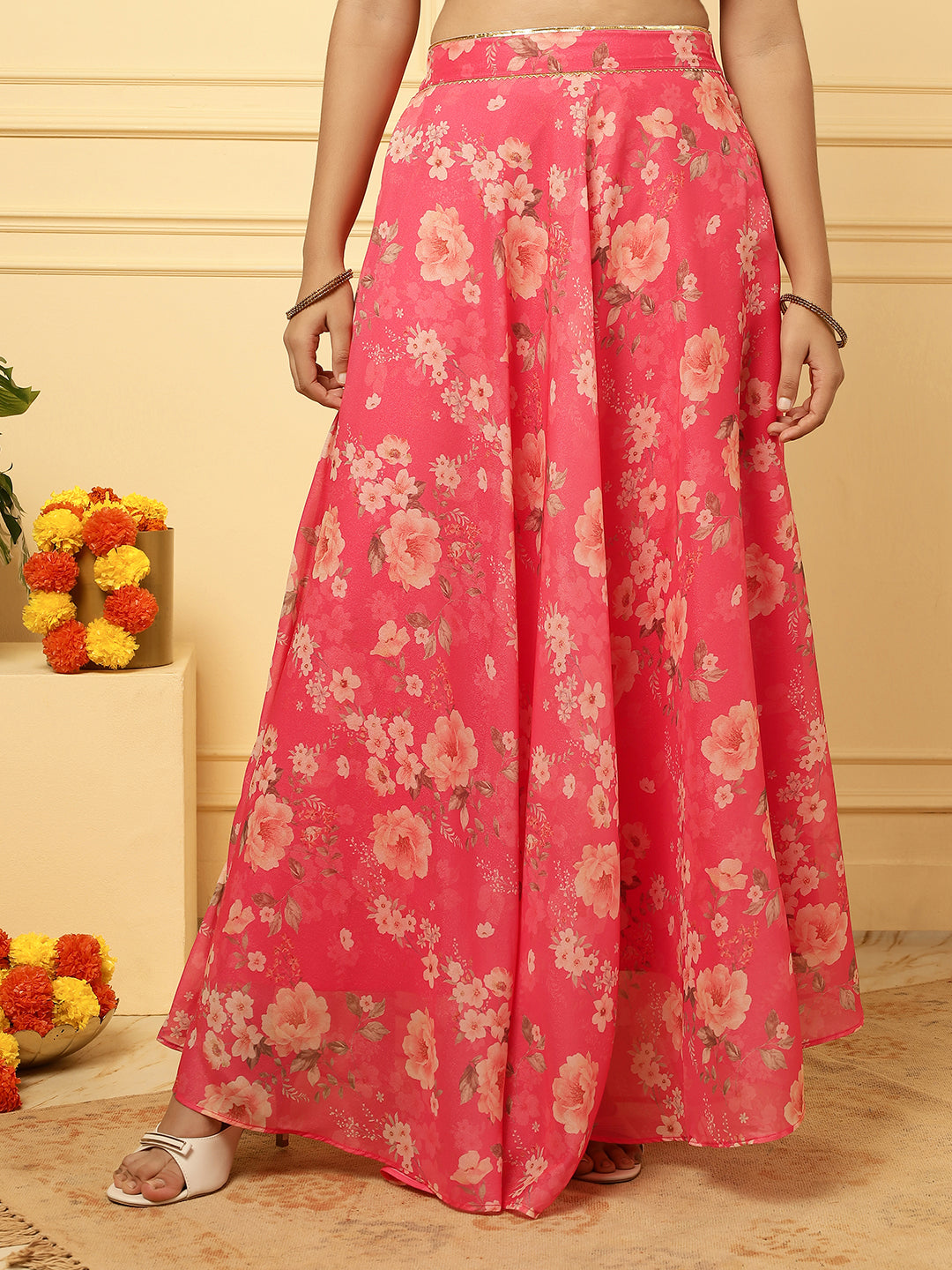 Girls Ethnic Floral Skirt and Top Set – Coral