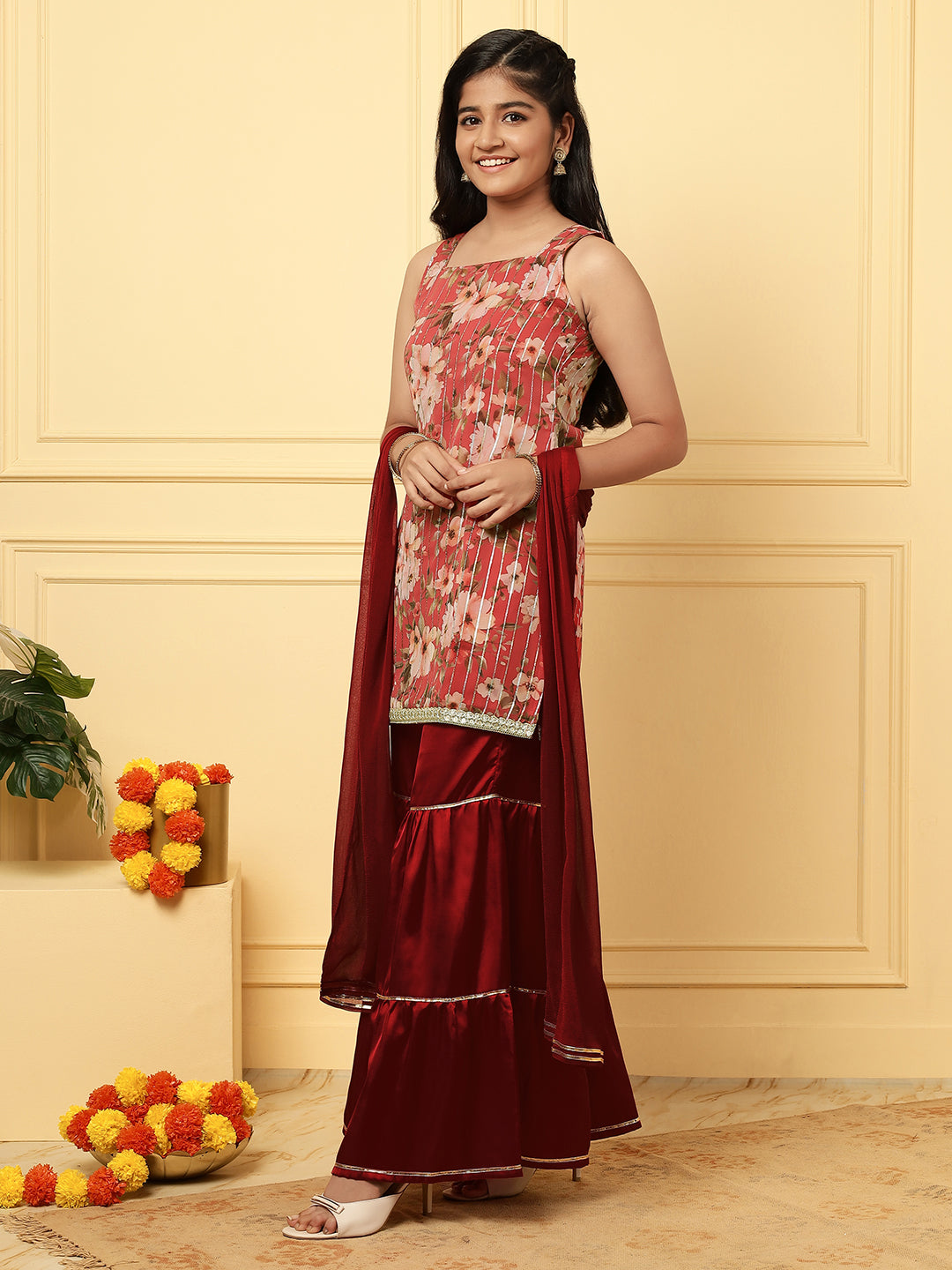 Girls Ethnic Floral Kurta and Sharara Set – Red