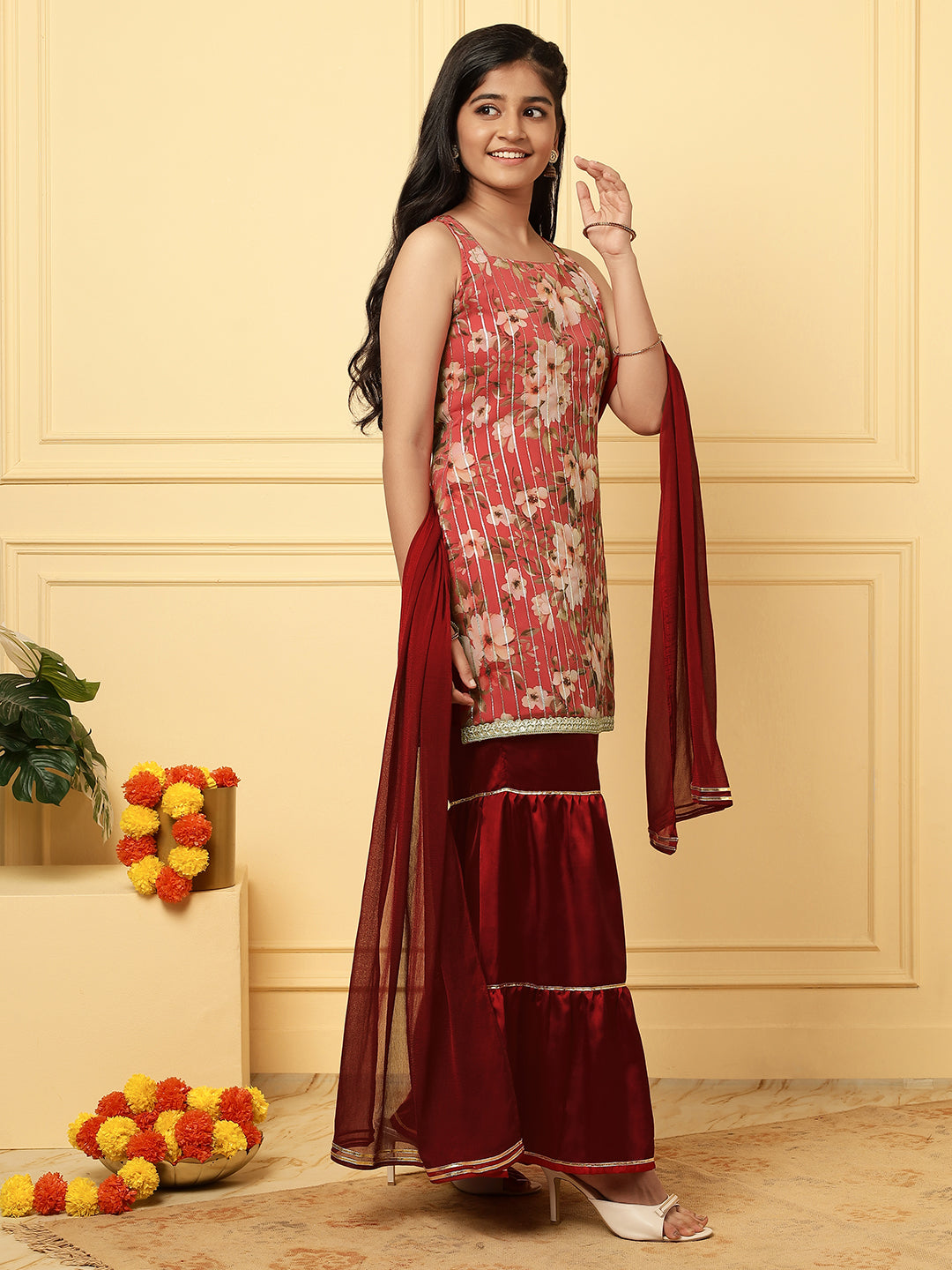 Girls Ethnic Floral Kurta and Sharara Set – Red