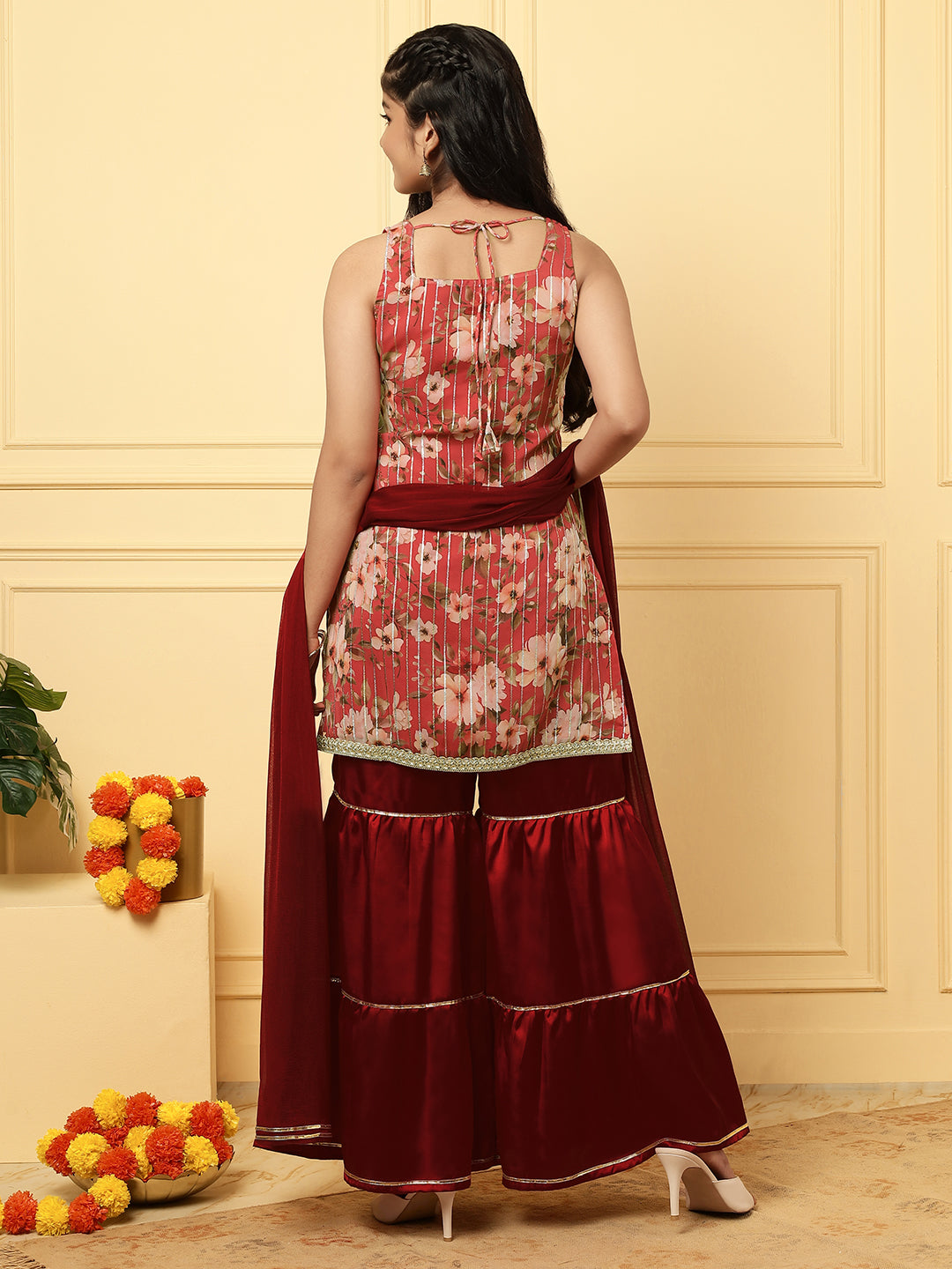 Girls Ethnic Floral Kurta and Sharara Set – Red