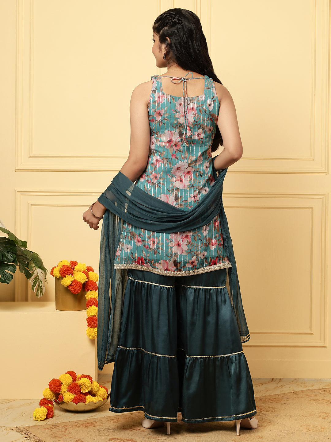 Girls Ethnic Floral Kurta and Sharara Set – Turquoise