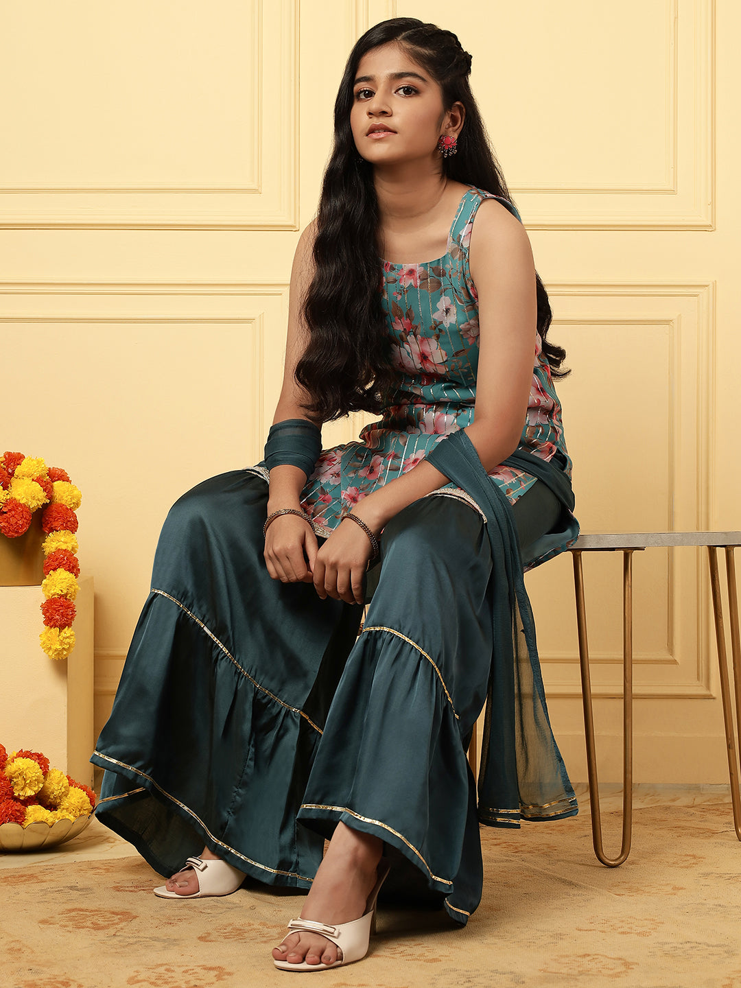 Girls Ethnic Floral Kurta and Sharara Set – Turquoise