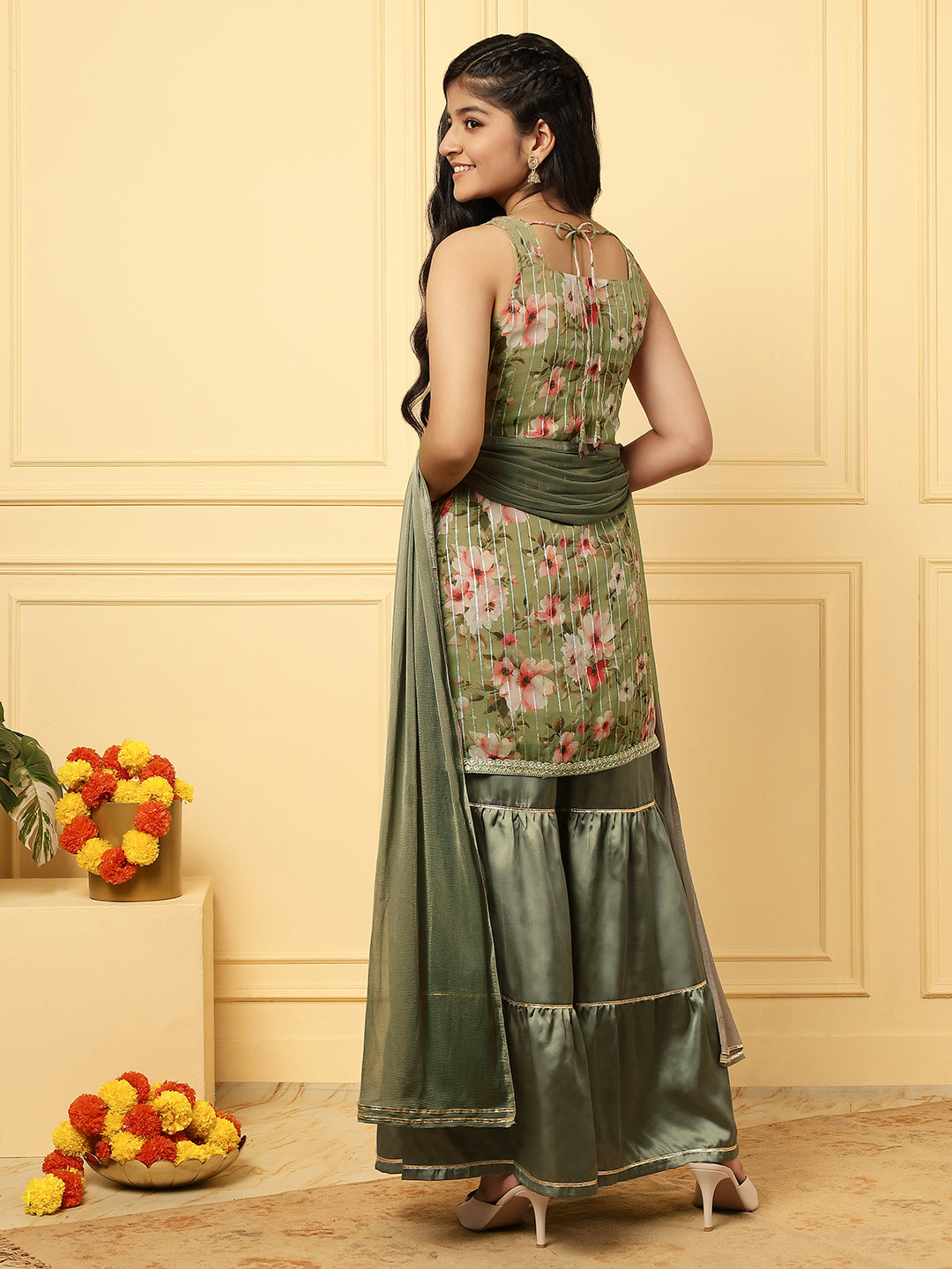 Girls Ethnic Floral Kurta and Sharara Set – Green