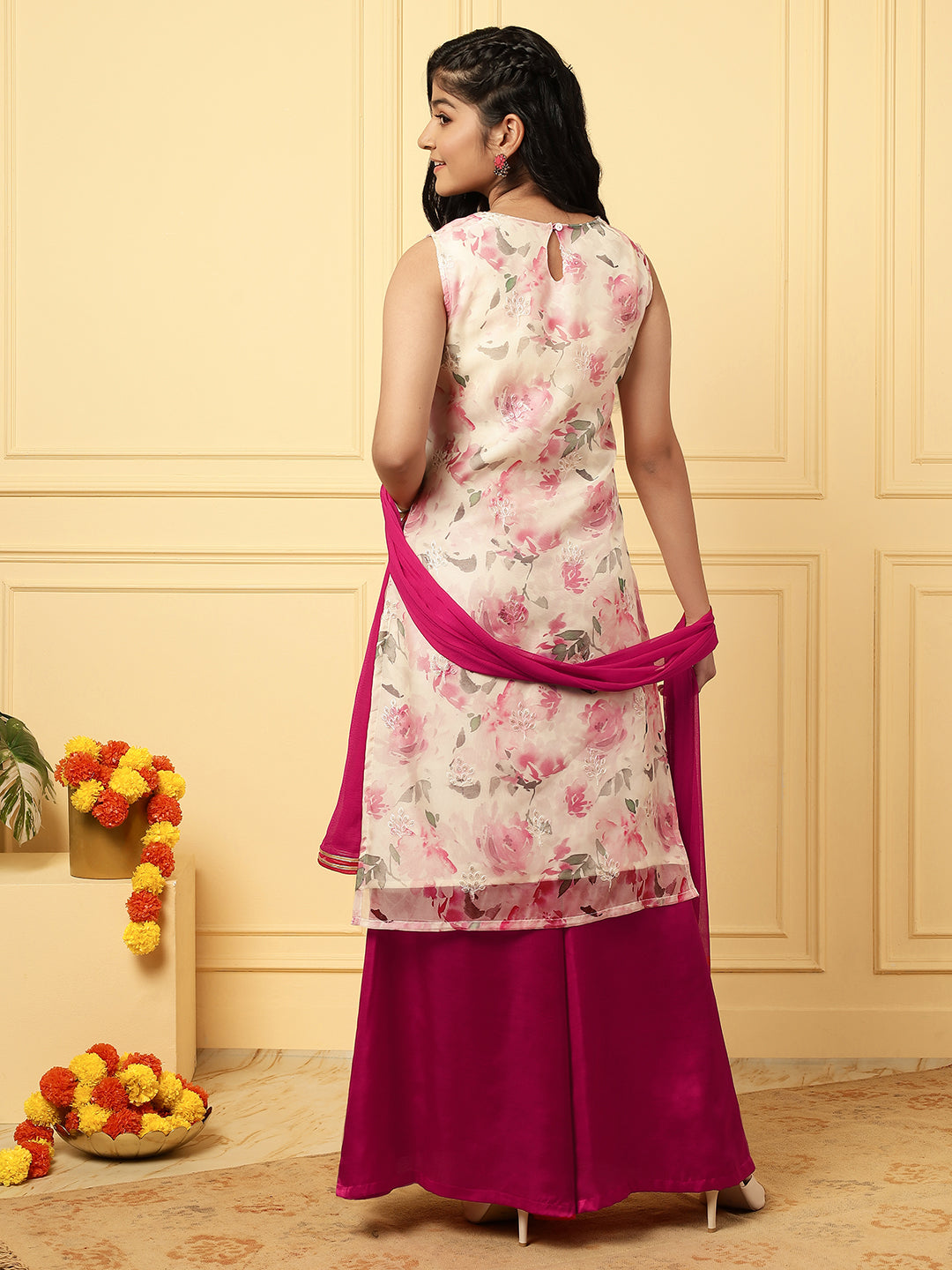 Girls Ethnic Floral Kurta and Palazzo Set – White & Pink