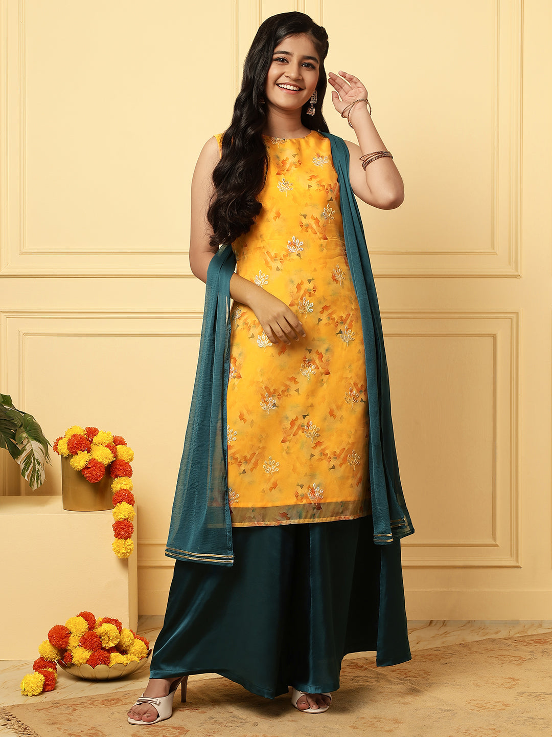 Girls Ethnic Floral Kurta and Palazzo Set – Yellow & Green