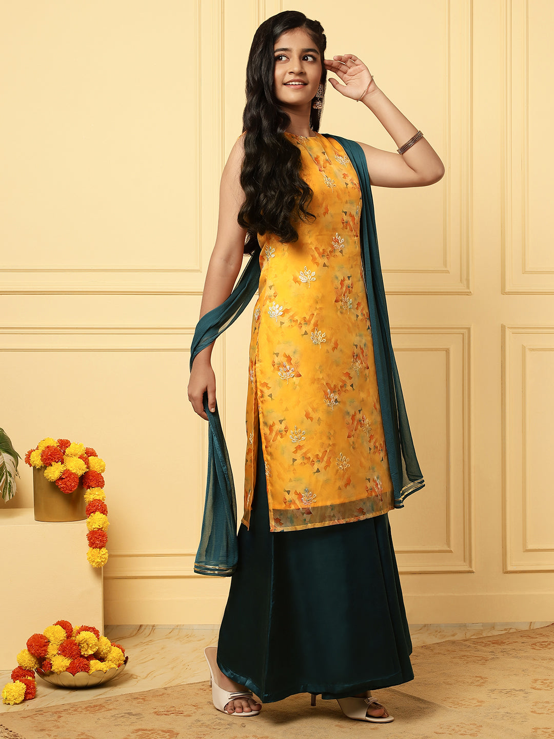 Girls Ethnic Floral Kurta and Palazzo Set – Yellow & Green