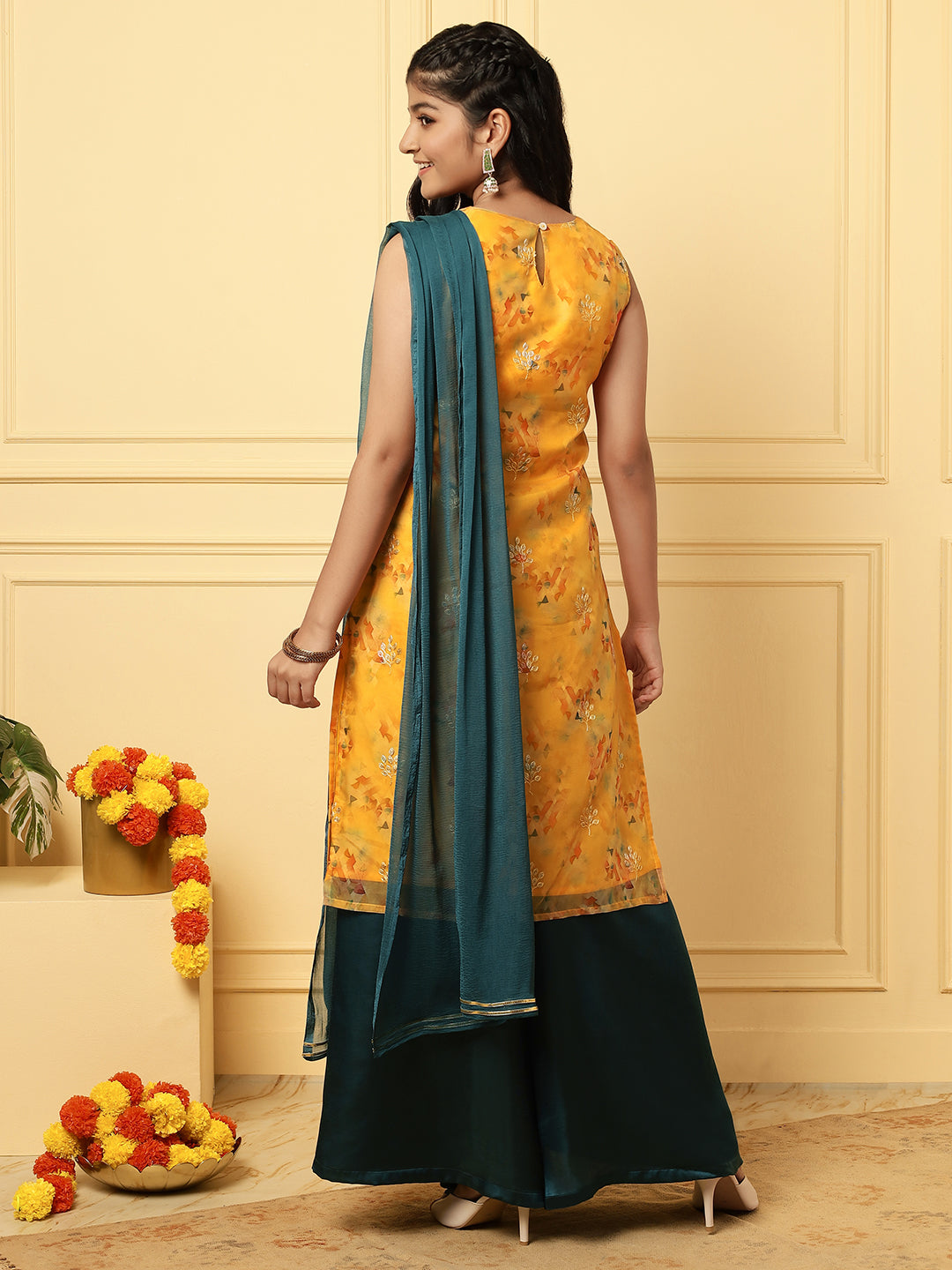 Girls Ethnic Floral Kurta and Palazzo Set – Yellow & Green