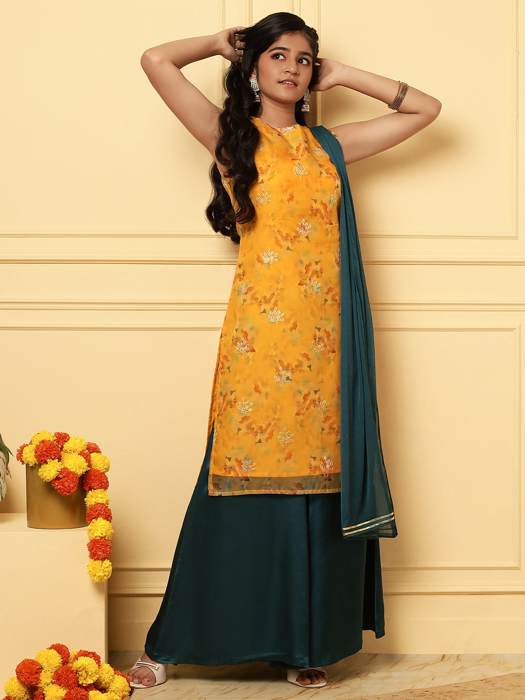 Girls Ethnic Floral Kurta and Palazzo Set – Yellow & Green