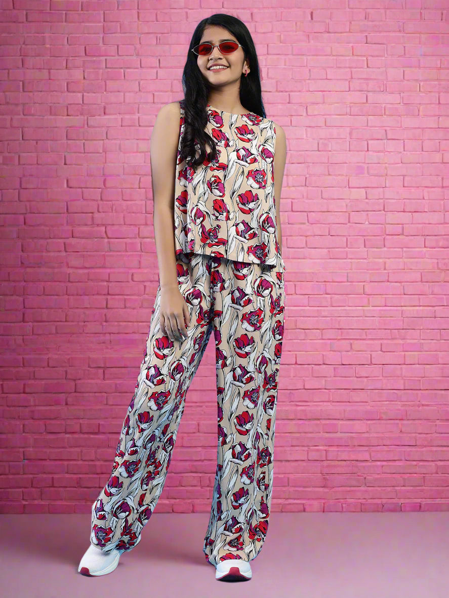 Cerise Print Co-Ord set - Beige