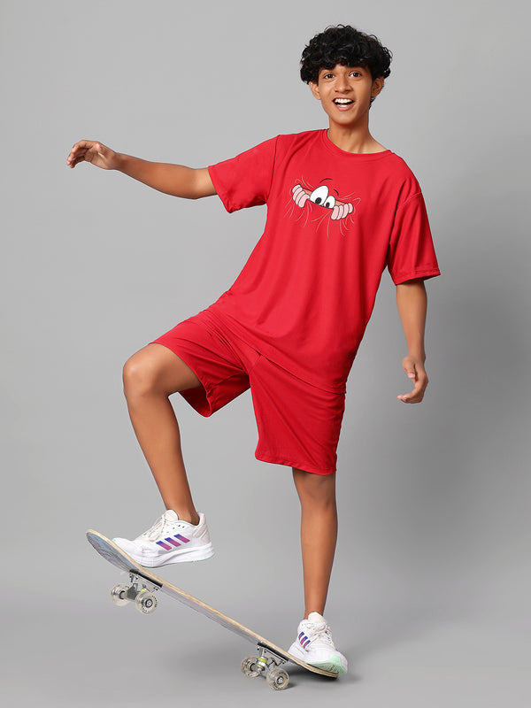 TeenTrums Boys Graphic Tshirt and Shorts Co-Ord Set (set of 2)-Red