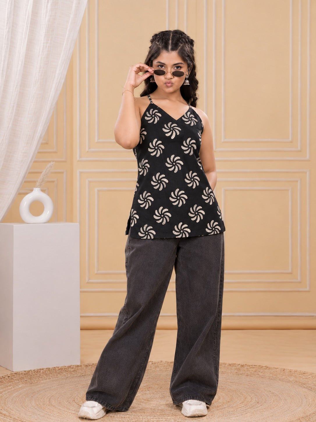 Girls Halter Neck Dabu Print Short Kurti - Black