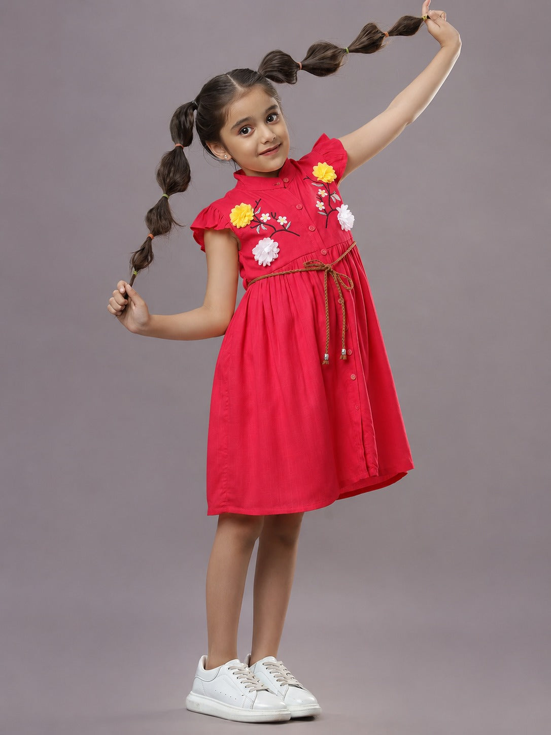 3D Floral Cotton Girls Dress with Belt - Coral