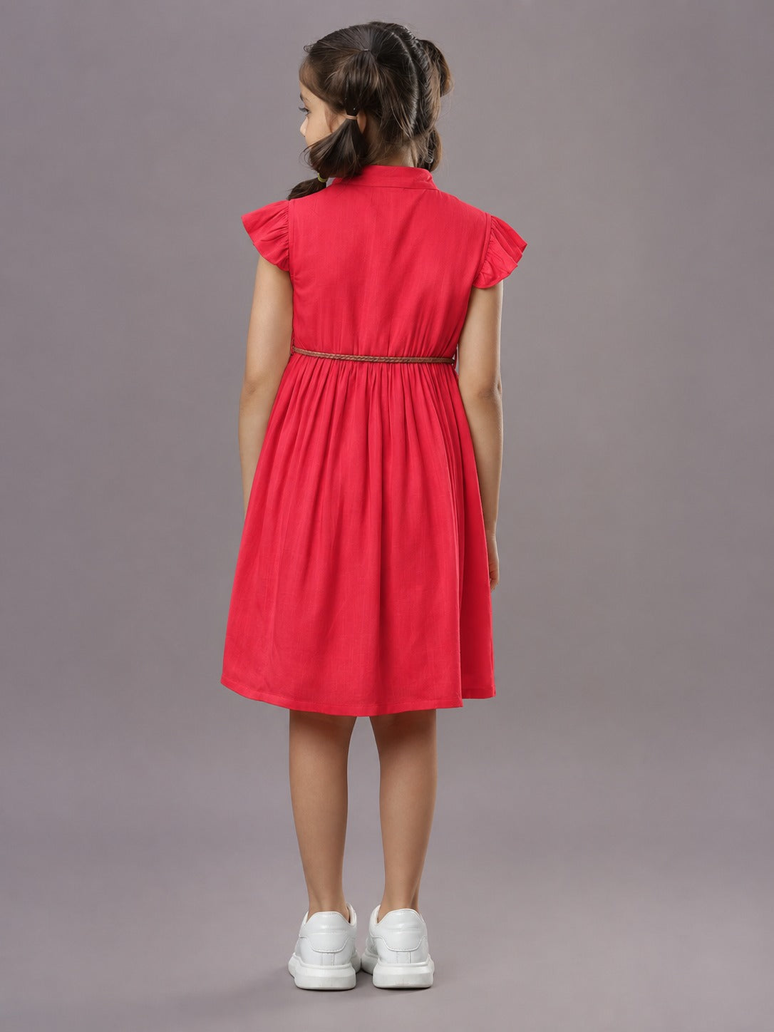 3D Floral Cotton Girls Dress with Belt - Coral