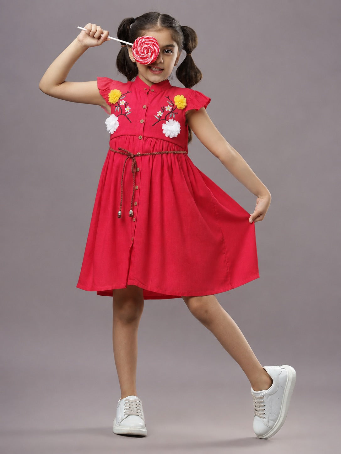 3D Floral Cotton Girls Dress with Belt - Coral