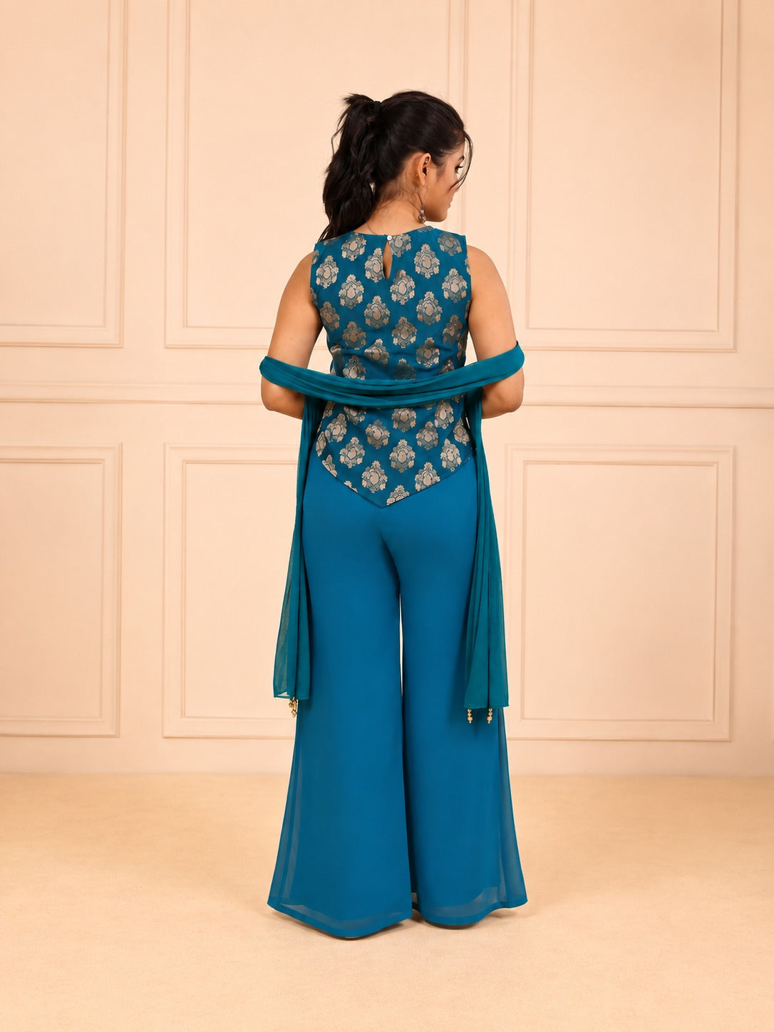 TeenTrums Girls Embroidered Palazzo Set with Dupatta - Teal Blue