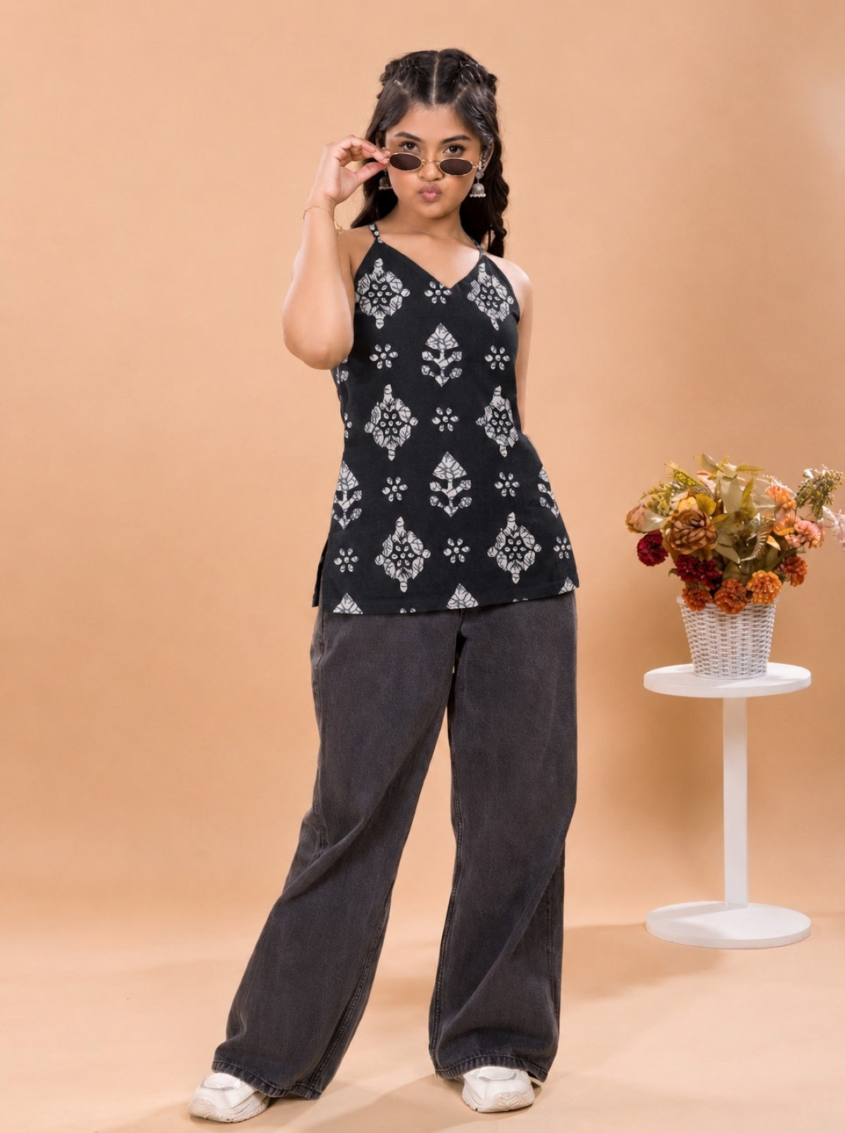 Girls Halter Neck Batik Print Short Kurti - Black