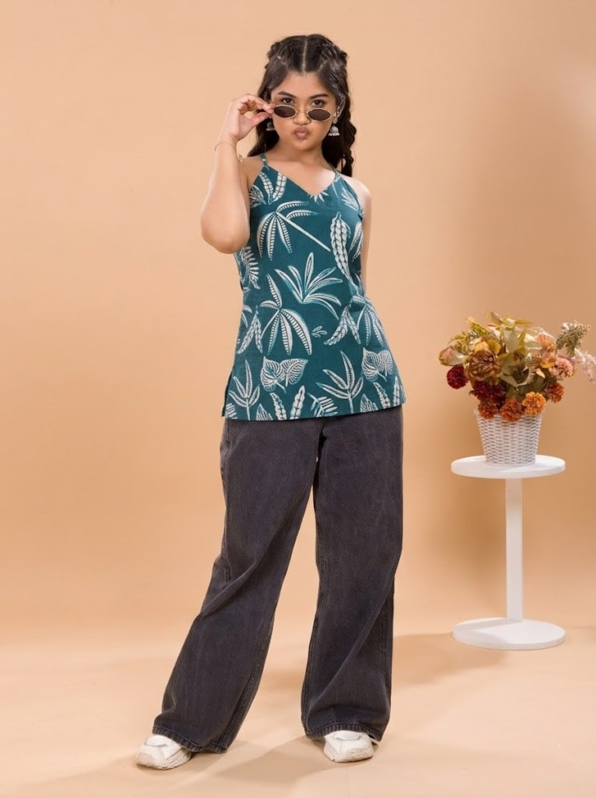 Girls Halter Neck Tropical Print Short Kurti - Teal