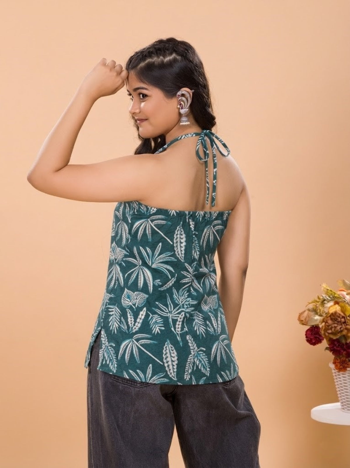 Girls Halter Neck Tropical Print Short Kurti - Teal