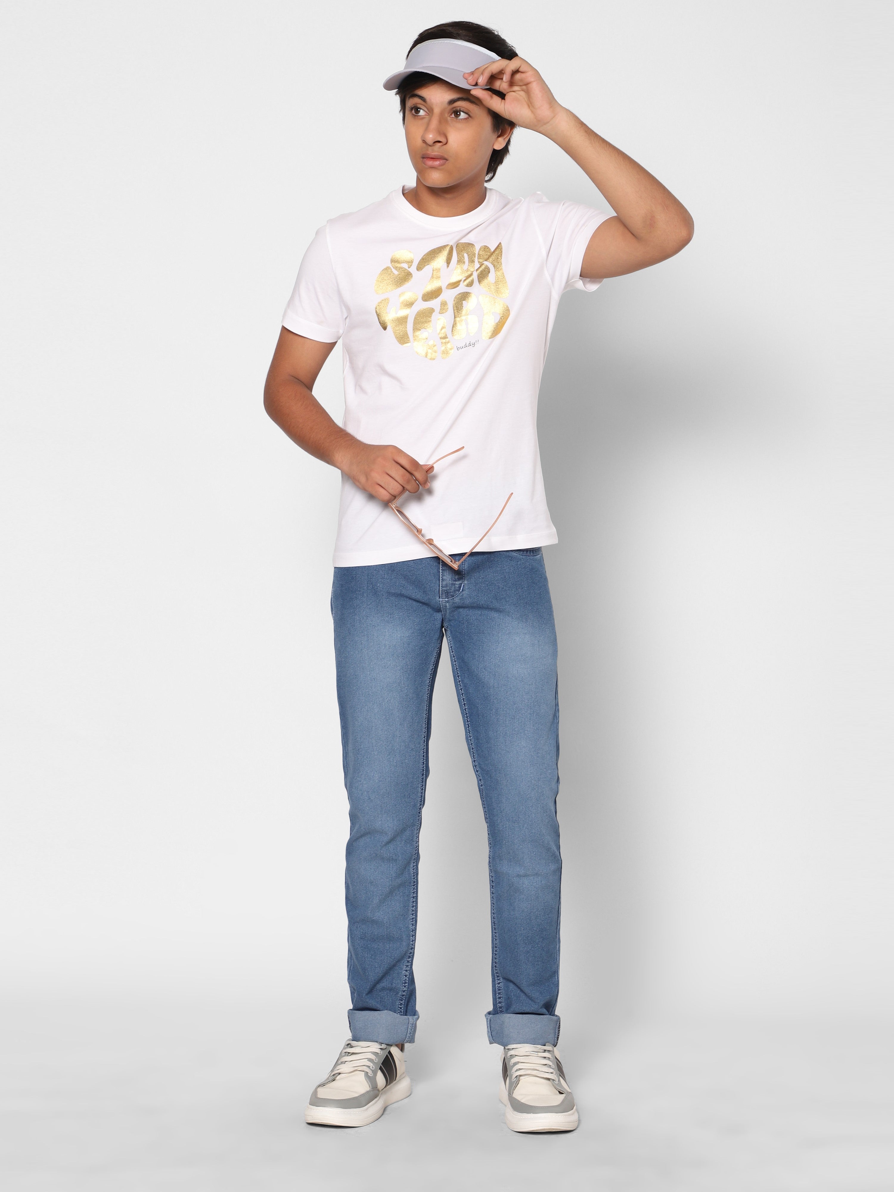 TeenTrums Regular Boys Statement T-shirt Stay Weird buddy foil print-White